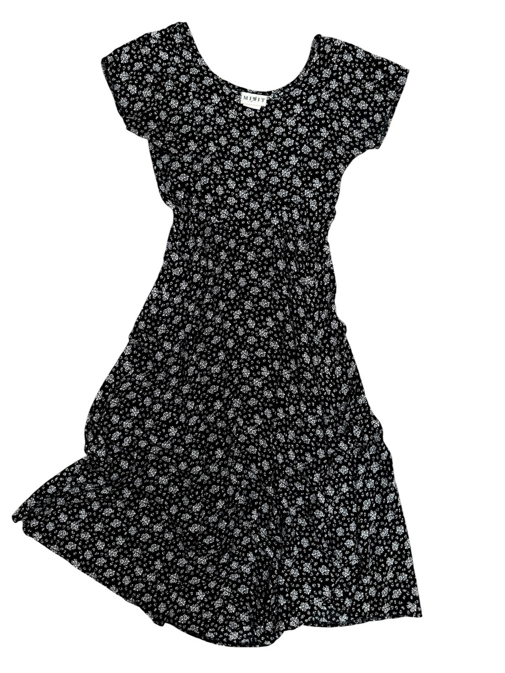 Vintage Mixit Black & White Ditsy Floral Short Sleeve Midi Dress Size S USA Made
